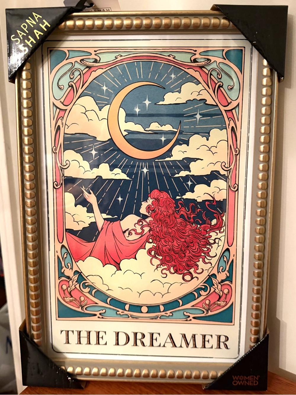 NEW Sapna Shah wall art ’The Dreamer’ Carved wood frame. 18"x 12”. RARE.